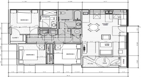 Floor plan for 3 beds, 2 baths, 1058 sqft